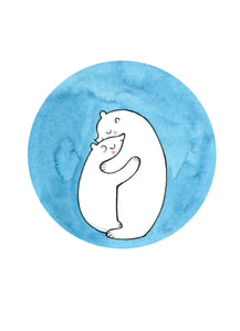 Greeting card featuring a big Polar bear hugging a little Polar bear with a turquoise background.