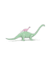 Greeting card featuring a little pink dinosaur sitting on the back of a large green Mumma dinosaur, looking at each other.