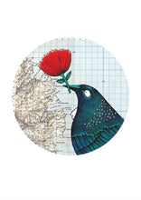 Greeting card with a Tui bird holding a flower over a map of Okains Bay, New Zealand.