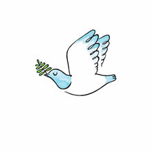 Greeting card featuring a Kereru bird on the wing with an olive branch in it's beak.
