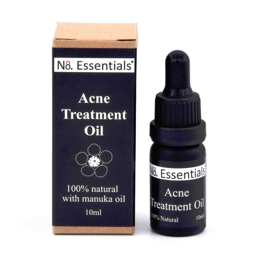 No. 8 Essentials Acne Treatment Oil box and dropper bottle, made with manuka oil.