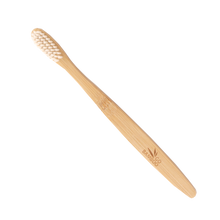 Natural, organic Adult bamboo toothbrush which features the Go Bamboo logo on the handle.