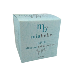 Mia Belle's Epic all in one hair and body wash bar for a fresh clean feeling from top to toe. Pictured here is the body wash bar box which is baby blue with just the hint of leaves in the background. The box sits on a white background.