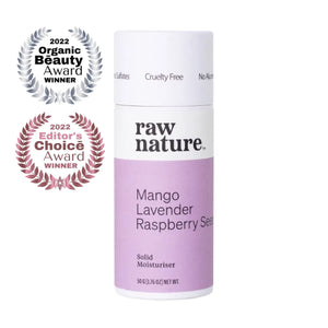 Raw nature solid moisturising bar in a handy roll-on tube. The white compostable tube has a lilac and white label which reads: Mango, Lavender and Raspberry Seed scent. To the left of the image are two award logos - 2022 Organic Beauty Award Winner and 2022 Editor's Choice Award Winner.