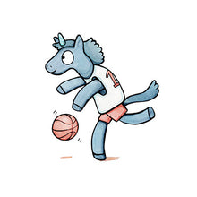Greeting card featuring a unicorn dressed in a basketball uniform and chasing a basketball. Made in Ōtautahi, Christchurch, New Zealand.