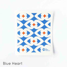 Natural dish cloth with blue hearts design.