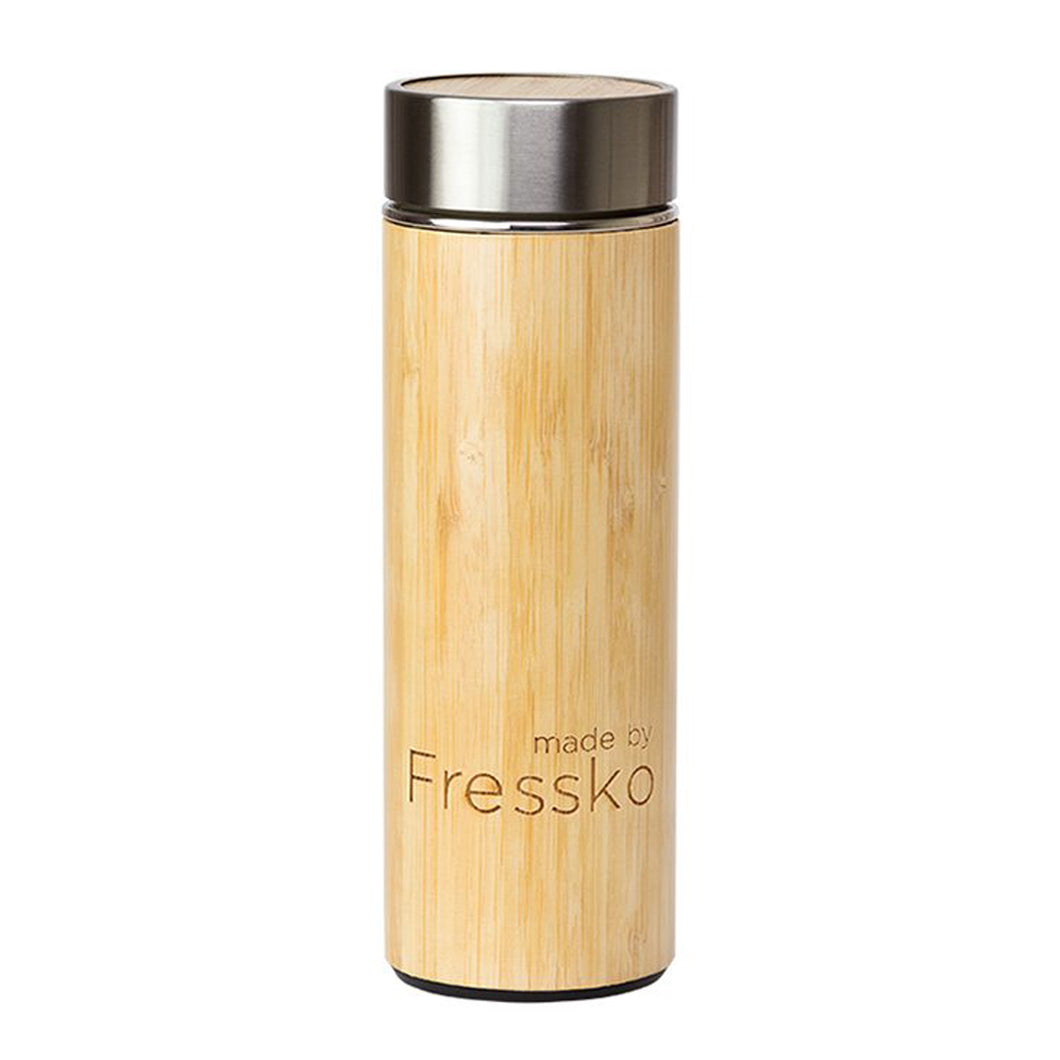 Insulated tea or coffee flask or water bottle with inbuilt filter. Bamboo flask with Made by Fressko logo.