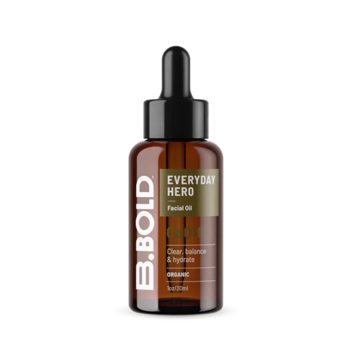 Everyday Hero facial oil by B.Bold in reusable amber glass dropper bottle. Organic, hydrating and contains CoQ10. 30ml.