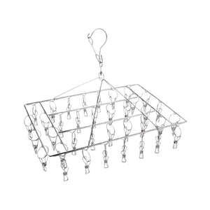 Marine grade stainless steel sock and laundry hanger / airer with 36 pegs by Bento Ninja. Seen here hanging with a white background.