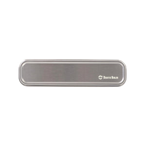 Stainless steel toothbrush holder or travel cutlery carry case on a white background, brushed stainless steel and silver in colour with the Bento Ninja logo in the bottom right corner.