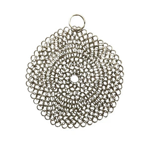 Stainless steel chainmail pot and pan scrubber with a round hook from Bento Ninja.