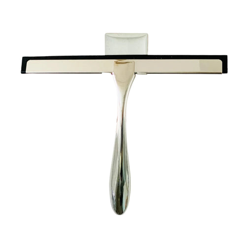 Stylish stainless steel shower squeegee from Bento Ninja, comes with a self-adhesive hook for easy hanging.