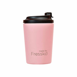 Made by Fressko reusable floss (pink) stainless steel coffee cup and lid.
