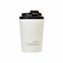 Reusable Made by Fressko snow (white) stainless steel coffee cup and lid.