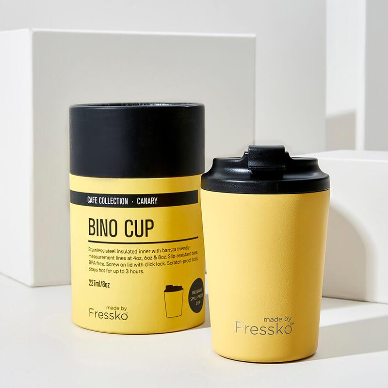 Bino stainless steel Made by Fressko reusable 8oz coffee cup with barista measurements in a beautiful canary yellow colour.
