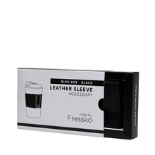 Packaging for leather sleeve for an 8oz stainless steel coffee cup by Fressko.