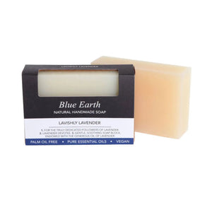 Blue Earth Lavishly Lavender Soap bar, pictured with one bar packaged and one bar package free. Label reads: Natural Handmade Vegan soap.
