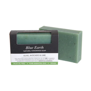 Blue Earth Olive, Avocado & Lime Soap bar with Orange and Patchouli, pictured with one bar packaged and one bar package free. Label reads: Natural Handmade Vegan soap.