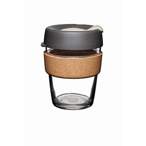 Medium reusable glass KeepCup coffee cup with sustainably sourced cork band in the Press colour scheme which includes a soft charcoal lid and latte coloured plug.
