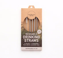 Reusable Stainless steel bent straws with natural fibre cleaning brush in compostable packaging.