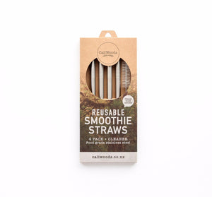 Reusable Stainless Steel Smoothie Straws, 4 pack with natural fibre cleaning brush in compostable packaging.