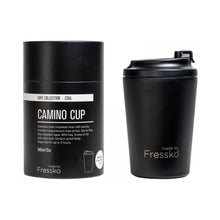 Made by Fressko reusable stainless steel coffee cup in coal (black) and packaging.