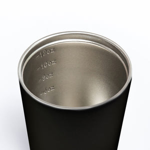 Internal view of Made By Fressko reusable and insulated stainless steel coffee cup in coal (black).