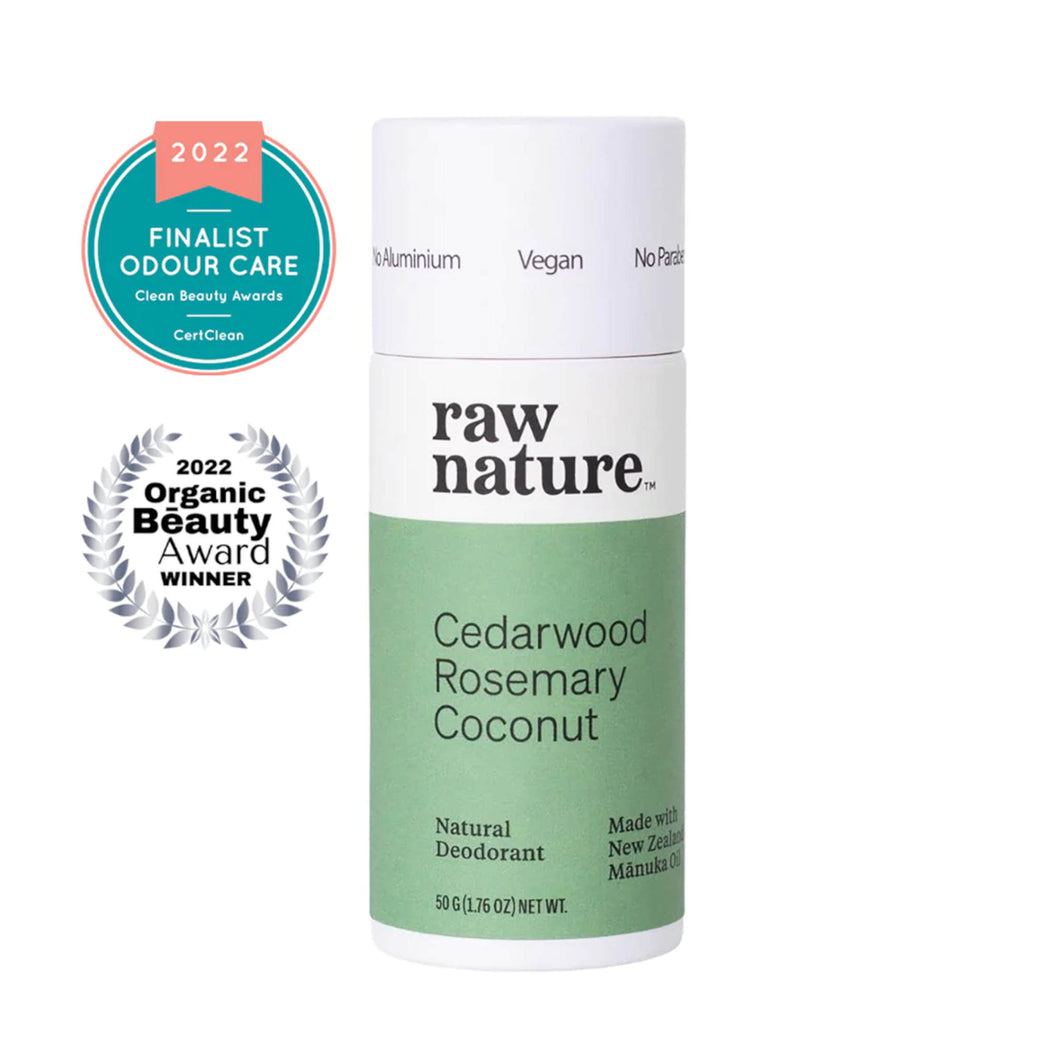 Raw Nature brand natural deodorant in Cedarwood and Rosemary scent. Seen here in a white cardboard tube with a green label. Two award logos on the left - 2022 Organic Beauty Award winner and 2022 Clean Beauty Awards Finalist in Odour Care. Made in New Zealand.