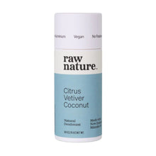 Raw Nature brand natural vegan deodorant in Citrus and Vetiver scent. Seen here in a white cardboard tube with a blue label. Made in New Zealand.