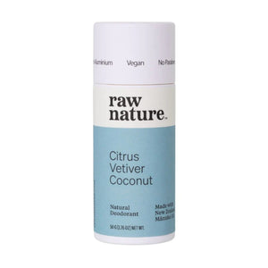 Raw Nature brand natural vegan deodorant in Citrus and Vetiver scent. Seen here in a white cardboard tube with a blue label. Made in New Zealand.