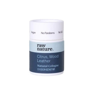 Citrus, Wood and Leather natural cologne by Raw Nature, packaging consists of white compostable cardboard tube and a light and dark blue striped label which reads "Vegan, No Parabens, No SLS"