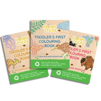 Toddler's First Colouring Book, all three editions pictured - New Zealand Adventure, Australian Adventure and Endangered Animals Adventure.