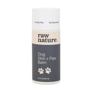 Dog skin and paw balm from Raw Nature. White cardboard tube with Raw Nature logo and two paw prints on the front. Text reads "cruelty free and no aluminium"