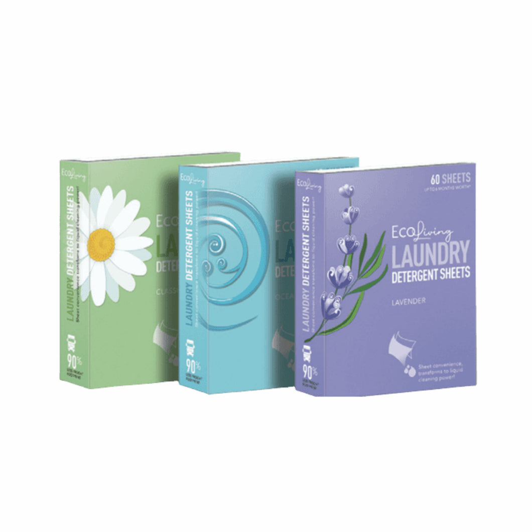 Three EcoLiving Laundry detergent sheet boxes in three different scents, lavender, ocean fresh and classic.