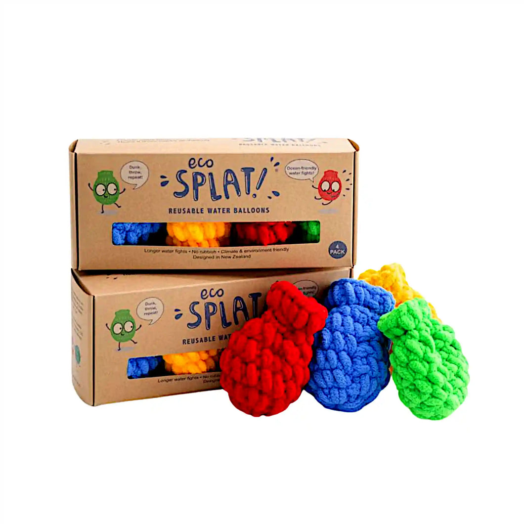 EcoSplat reusable water balloons for waste-free water balloon fights. Two packs pictured with four water balloons in the foreground in green, red, orange and blue.