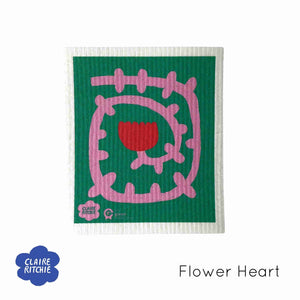 100% plant based, home compostable dish cloth in Flower Heart design by The Green Collective and Claire Ritchie.