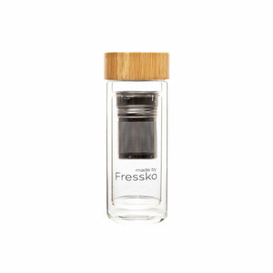 300ml insulated glass hot or cold beverage flask with a bamboo lid and built-in tea strainer.
