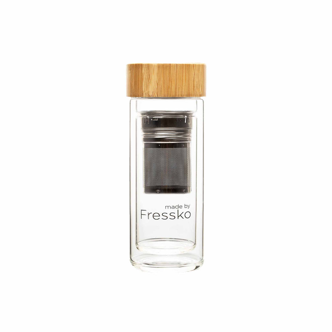 300ml insulated glass hot or cold beverage flask with a bamboo lid and built-in tea strainer.