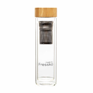 500ml insulated glass hot or cold beverage flask with a bamboo lid and built-in tea strainer.