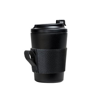 Black leather sleeve on a black 8oz stainless steel coffee cup by Fressko.