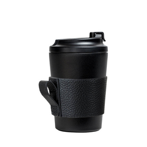 Black leather sleeve on a black 12oz stainless steel coffee cup by Fressko.