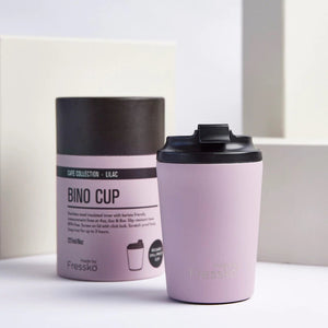 Made by Fressko reusable stainless steel 8oz Bino coffee cup in lilac colour with packaging.
