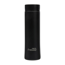 Fressko tea infuser, water bottle and insulated flask. This sleek black stainless steel flask is stylish in matt black with the Fressko logo engraved to reveal the silver of the stainless steel underneath.