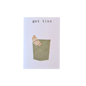 Sustainable greeting card which reads "G&T time" with a slice of lemon in a cup underneath which is made from fabric and has been stitched onto the greeting card. Created from second-hand fabric which has been lovingly eco-dyed in Ōtautahi Christchurch by The Clothworks using local flora from our Garden City.