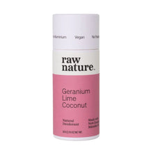 Raw Nature brand natural vegan deodorant in Geranium and Lime scent. Seen here in a white cardboard tube with a pink label. Made in New Zealand.
