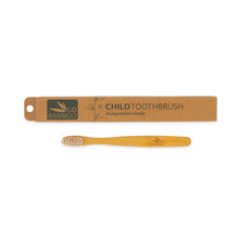 Child's Bamboo toothbrush by Go Bamboo, made from natural bamboo wood, the toothbrush is pictured alongside its packaging - a recyclable cardboard box which reads Child toothbrush, biodegradable handle and features the Go Bamboo logo.