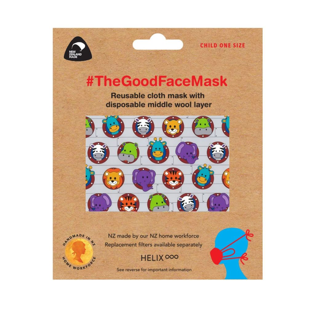 Childs reusable face mask with zoo pattern of cartoon animals. Made in New Zealand.