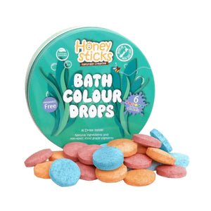 Honeysticks bath colour drops, metal reusable tin containing 36 drops which fizz and colour bath water. Creative and educational play for kids at bathtime. Colours included are blue, yellow and red. 100% natural ingredients.