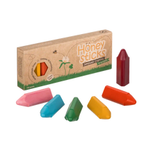 Honeysticks natural beeswax crayons in triangle size, sustainable cardboard box packaging containing 10 different colours. Made in Aotearoa New Zealand and suitable for children over 12 months of age.