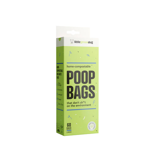 Pack of 60 certified home compostable dog poop bags by Little Green Dog in a lime green box.